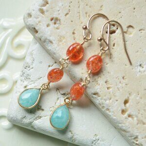 Sunstone and Amazonite Gemstone Earrings in Gold